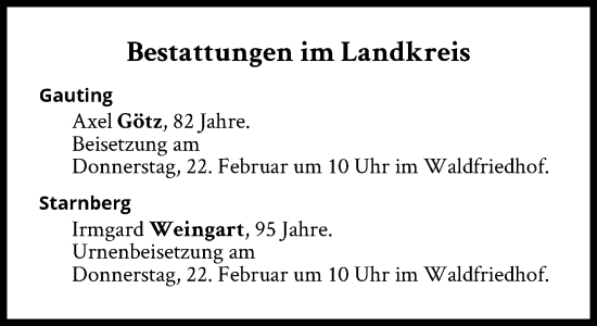 Traueranzeige von Bestattungen vom 22.02.2024 von Süddeutsche Zeitung