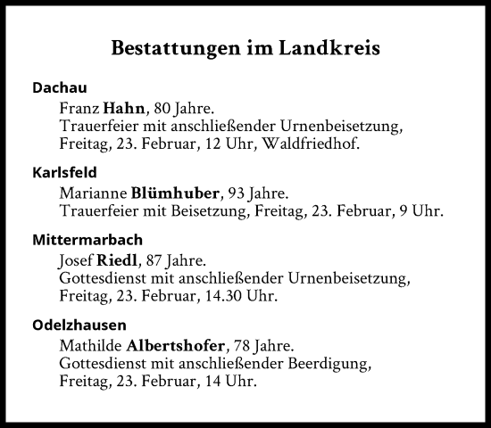 Traueranzeige von Bestattungen vom 23.02.2024 von Süddeutsche Zeitung