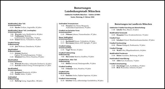 Traueranzeige von Bestattungskalender vom 06.02.2024  von Süddeutsche Zeitung