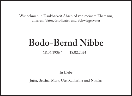 Traueranzeige von Bodo-Bernd Nibbe von Süddeutsche Zeitung