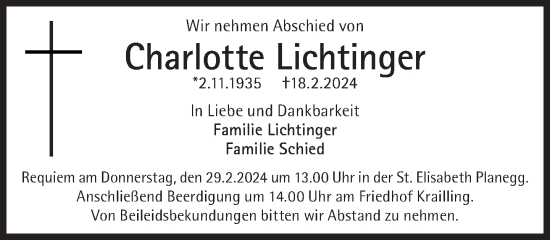 Traueranzeige von Charlotte Lichtinger von Süddeutsche Zeitung