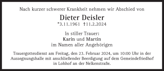 Traueranzeige von Deisler Dieter von Süddeutsche Zeitung