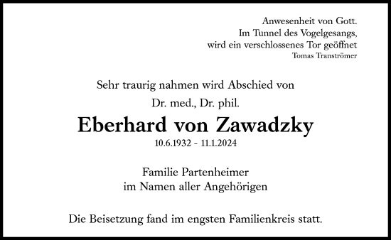 Traueranzeige von Eberhard von Zawadzky von Süddeutsche Zeitung