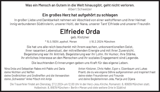 Traueranzeige von Elfriede Orda von Süddeutsche Zeitung