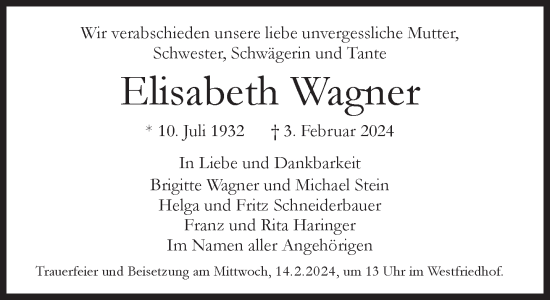 Traueranzeige von Elisabeth Wagner von Süddeutsche Zeitung
