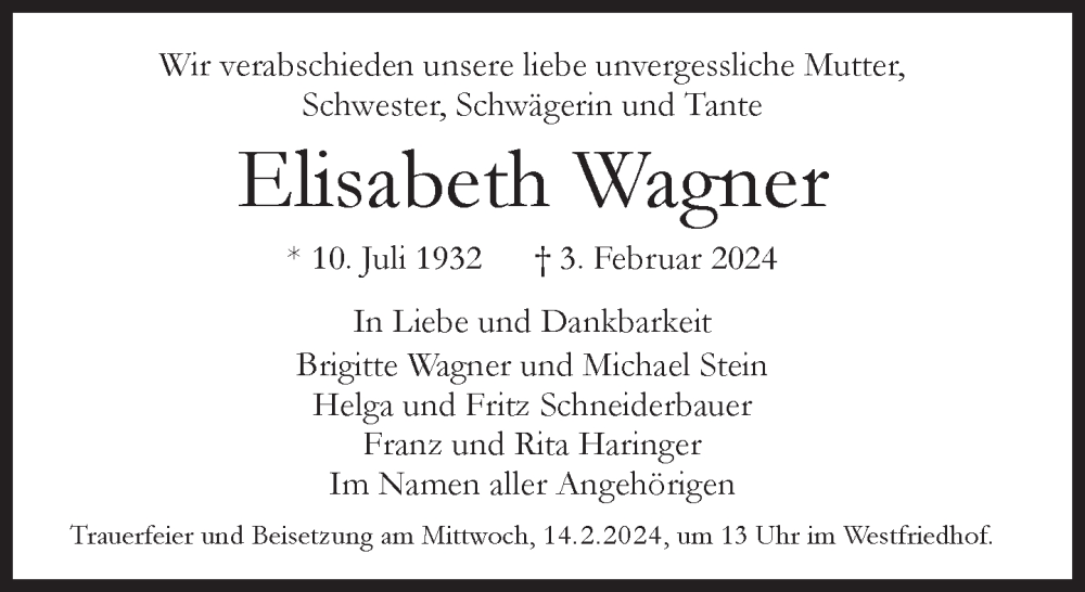 Traueranzeige für Elisabeth Wagner vom 08.02.2024 aus Süddeutsche Zeitung