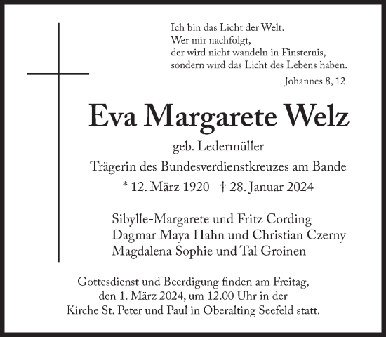 Traueranzeige von Eva Margarete Welz von Süddeutsche Zeitung