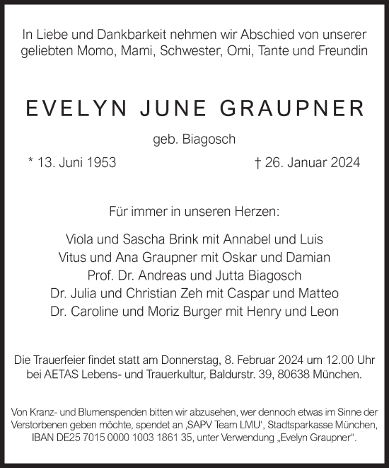 Traueranzeige von Evelyn June Graupner von Süddeutsche Zeitung