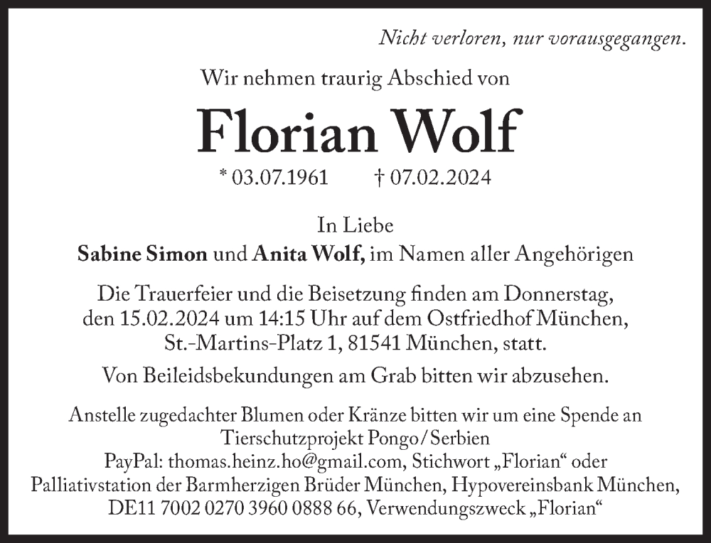  Traueranzeige für Florian Wolf vom 10.02.2024 aus Süddeutsche Zeitung
