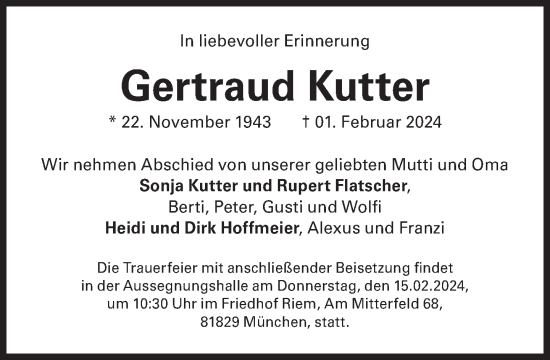 Traueranzeige von Gertraud Kutter von Süddeutsche Zeitung