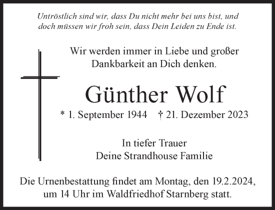 Traueranzeige von Günther Wolf von Süddeutsche Zeitung