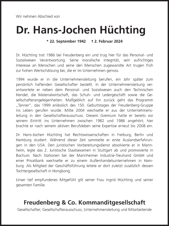 Traueranzeige von Hans-Jochen Hüchting von Süddeutsche Zeitung