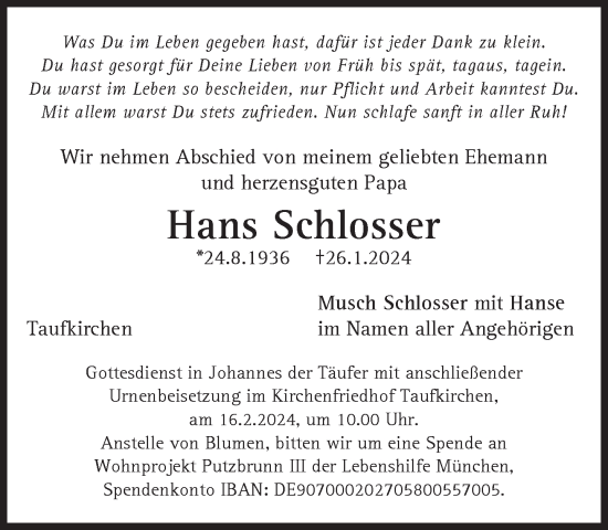 Traueranzeige von Hans Schlosser von Süddeutsche Zeitung