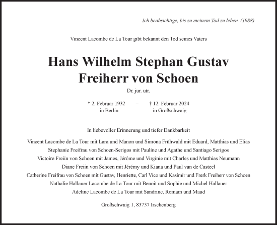 Traueranzeige von Hans Wilhelm Stephan Gustav Freiherr von Schoen von Süddeutsche Zeitung