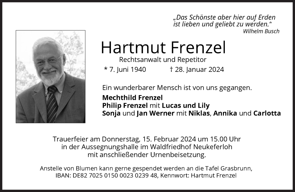  Traueranzeige für Hartmut Frenzel vom 09.02.2024 aus Süddeutsche Zeitung