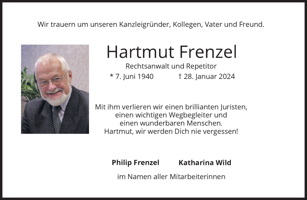  Traueranzeige für Hartmut Frenzel vom 09.02.2024 aus Süddeutsche Zeitung