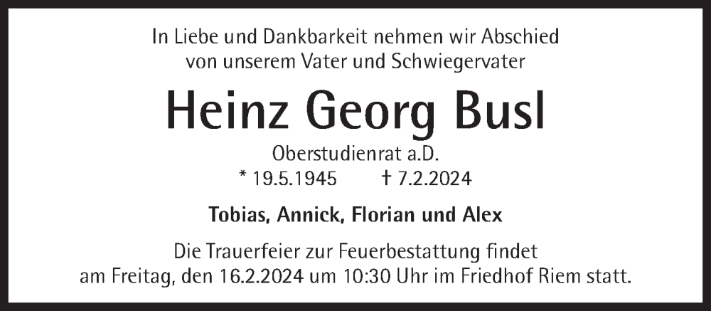  Traueranzeige für Heinz Georg Busl vom 10.02.2024 aus Süddeutsche Zeitung