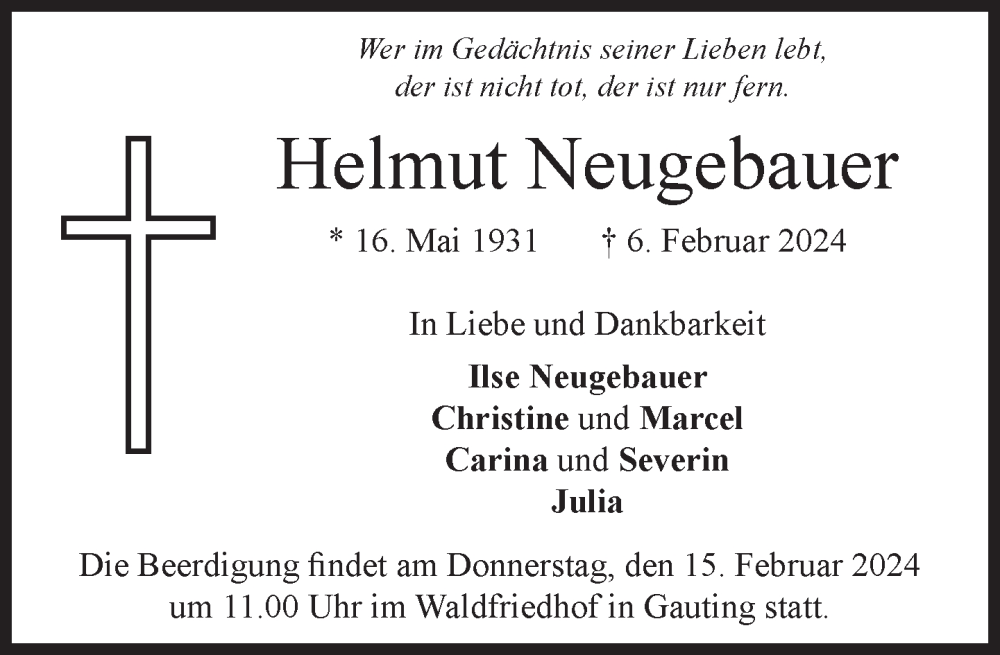  Traueranzeige für Helmut Neugebauer vom 10.02.2024 aus Süddeutsche Zeitung