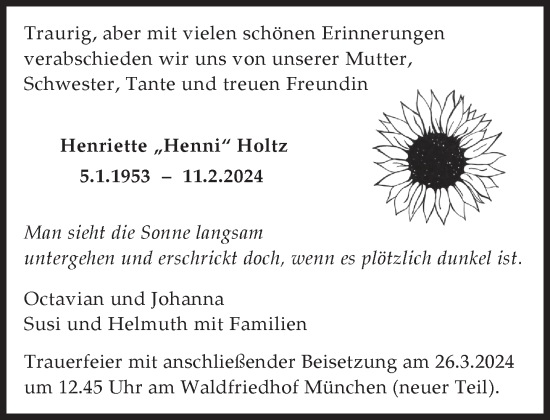 Traueranzeige von Henriette Holtz von Süddeutsche Zeitung
