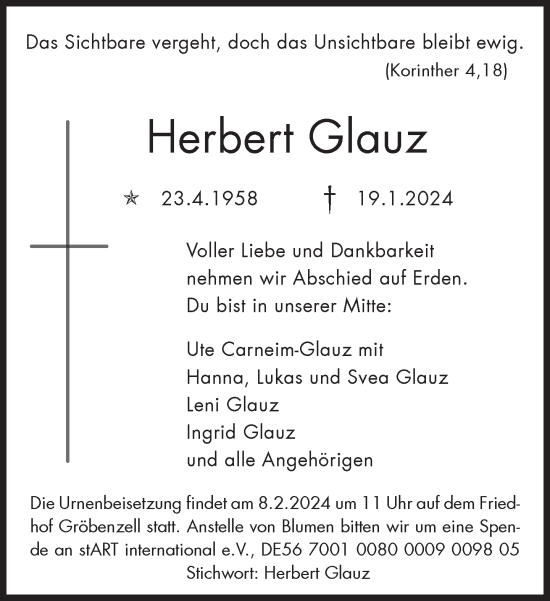 Traueranzeige von Herbert Glauz von Süddeutsche Zeitung