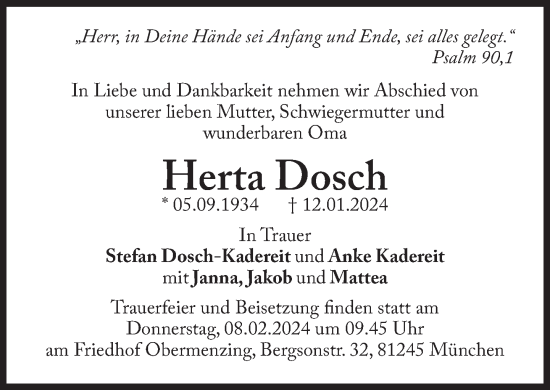 Traueranzeige von Herta Dosch von Süddeutsche Zeitung