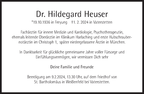 Traueranzeige von Hildegard Heuser von Süddeutsche Zeitung