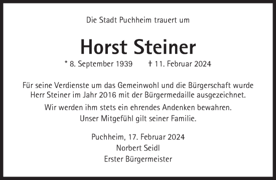 Traueranzeige von Horst Steiner von Süddeutsche Zeitung