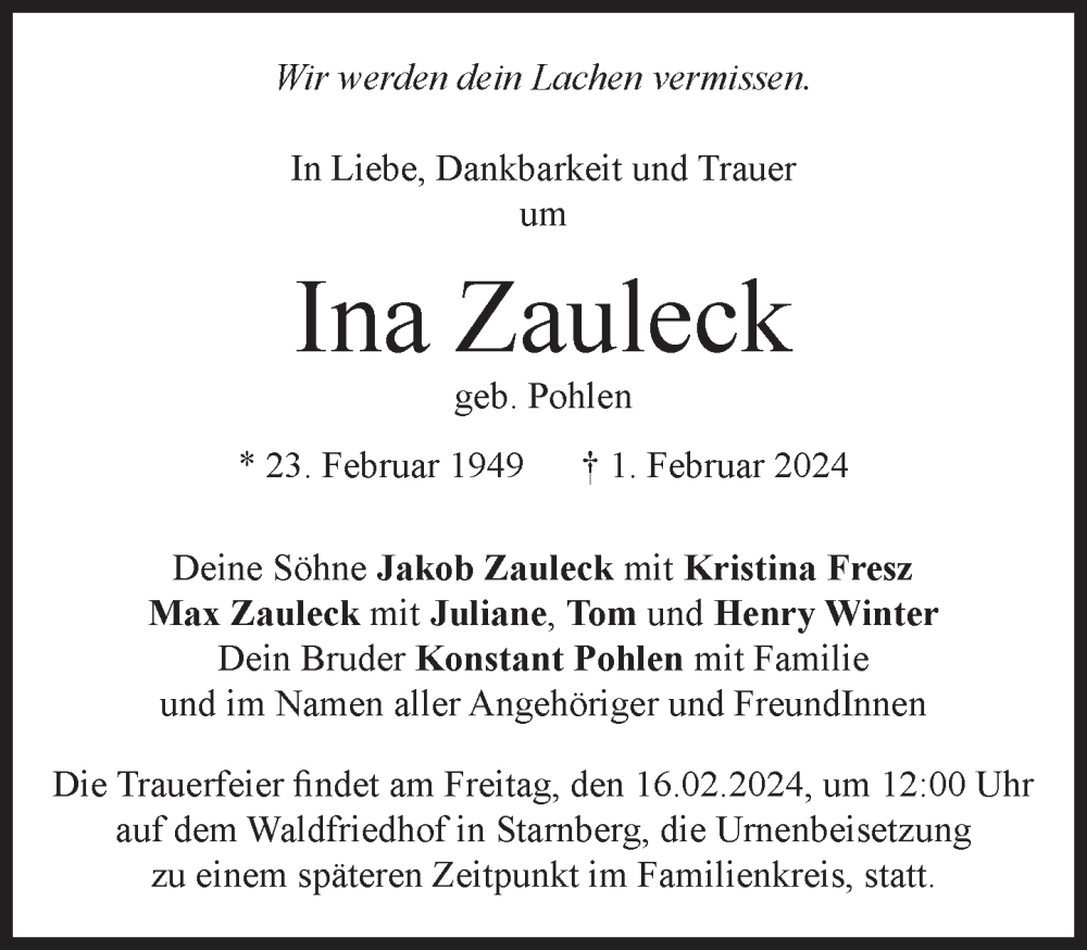  Traueranzeige für Ina Zauleck vom 10.02.2024 aus Süddeutsche Zeitung