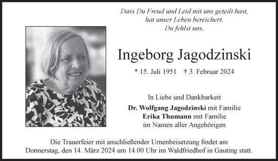 Traueranzeige von Ingeborg Jagodzinski von Süddeutsche Zeitung