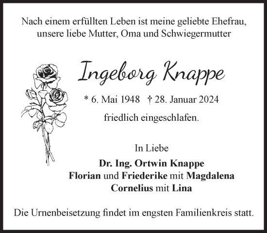 Traueranzeige von Ingeborg Knappe von Süddeutsche Zeitung