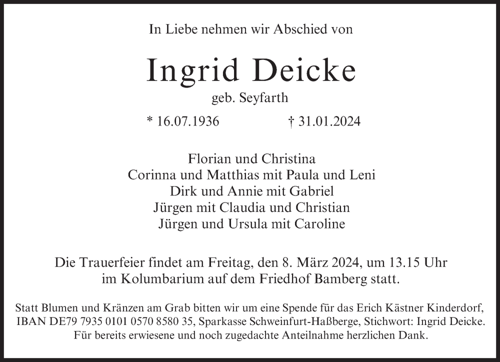  Traueranzeige für Ingrid Deicke vom 24.02.2024 aus Süddeutsche Zeitung