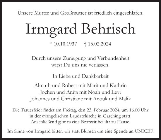 Traueranzeige von Irmgard Behrisch von Süddeutsche Zeitung