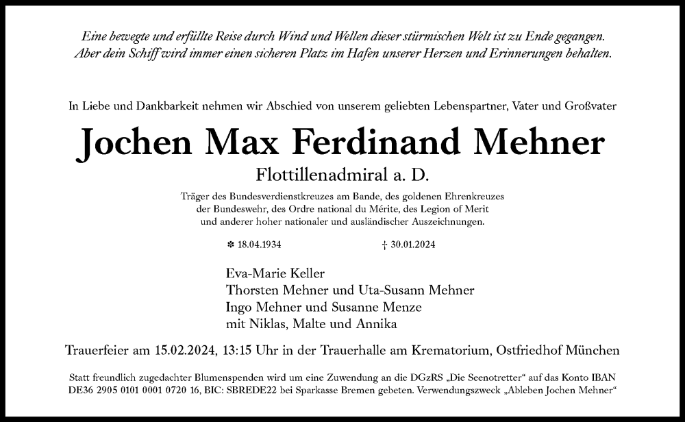  Traueranzeige für Jochen Max Ferdinand  Mehner vom 10.02.2024 aus Süddeutsche Zeitung