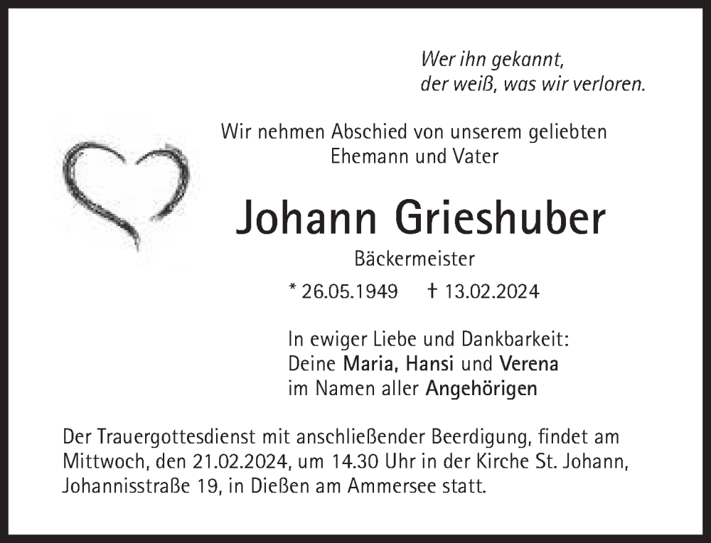  Traueranzeige für Johann Grieshuber vom 17.02.2024 aus Süddeutsche Zeitung