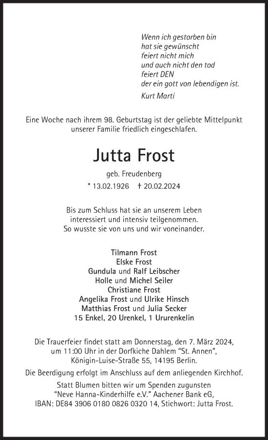 Traueranzeige von Jutta Frost von Süddeutsche Zeitung