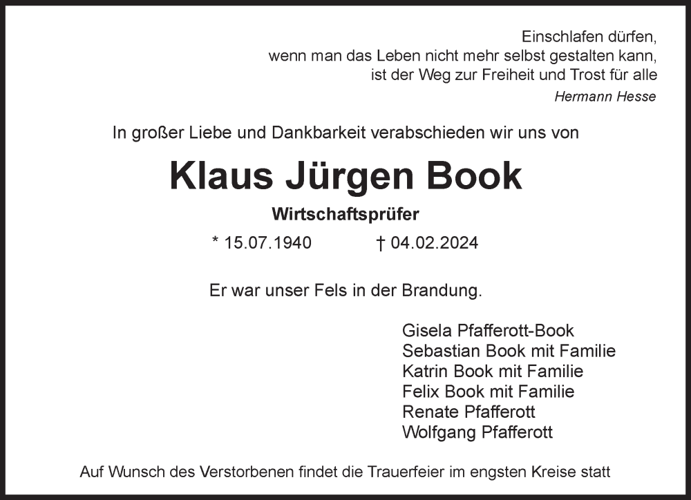  Traueranzeige für Klaus Jürgen Book vom 10.02.2024 aus Süddeutsche Zeitung