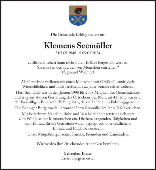 Traueranzeige von Klemens Seemüller von Süddeutsche Zeitung