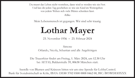 Traueranzeige von Lothar Mayer von Süddeutsche Zeitung