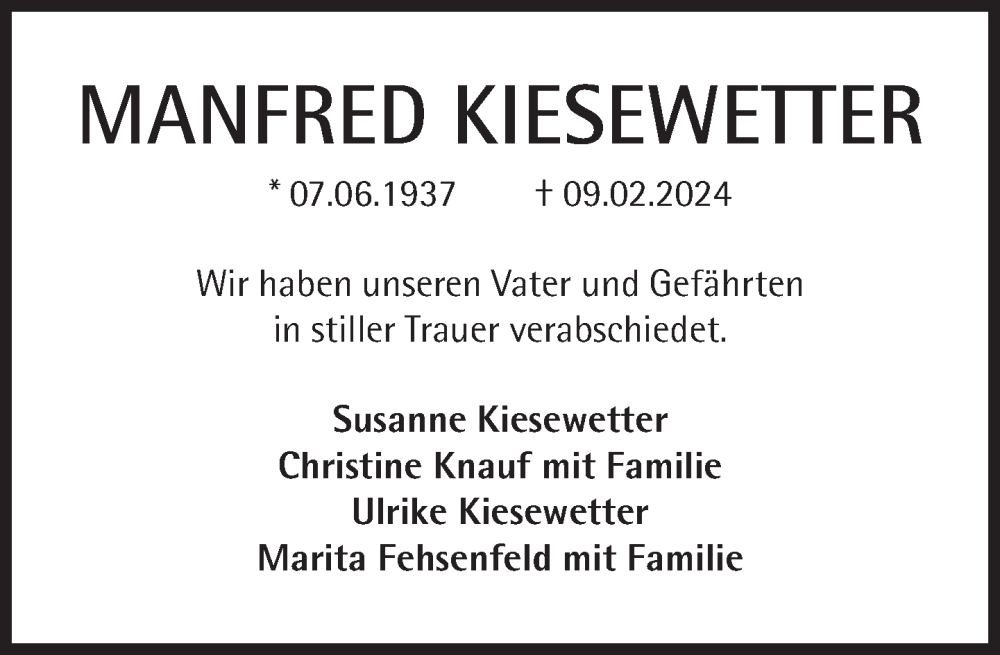  Traueranzeige für Manfred Kiesewetter vom 17.02.2024 aus Süddeutsche Zeitung
