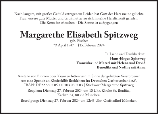 Traueranzeige von Margarethe Elisabeth Spitzweg von Süddeutsche Zeitung