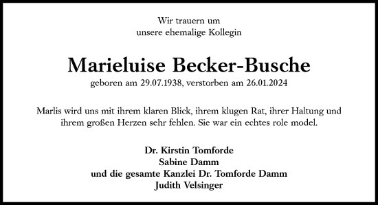 Traueranzeige von Marieluise Becker-Busche von Süddeutsche Zeitung