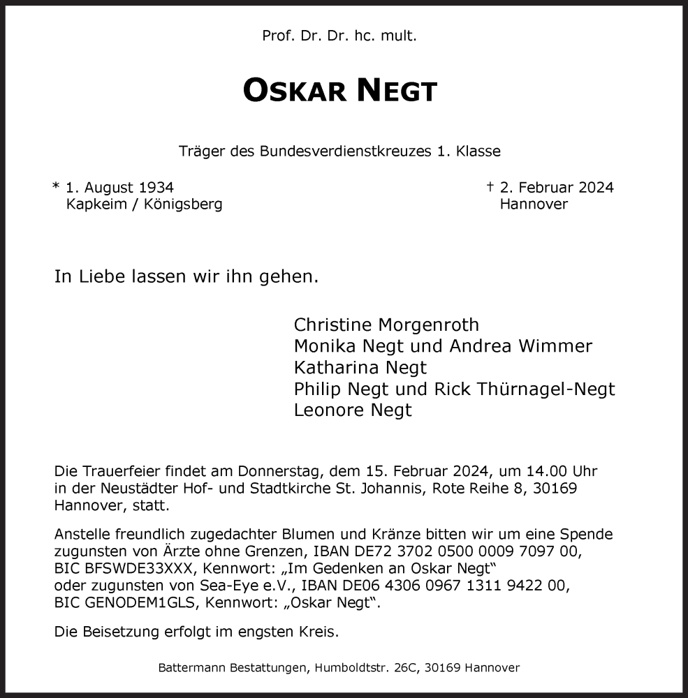  Traueranzeige für Oskar Negt vom 10.02.2024 aus Süddeutsche Zeitung
