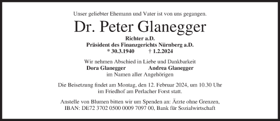 Traueranzeige von Peter Glanegger von Süddeutsche Zeitung
