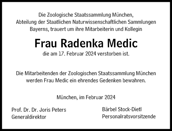 Traueranzeige von Radenka Medic von Süddeutsche Zeitung