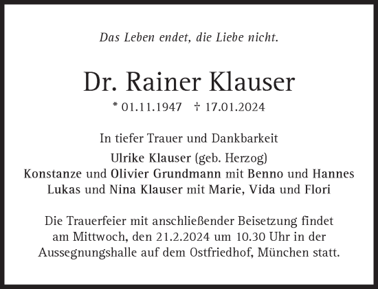 Traueranzeige von Rainer Klauser von Süddeutsche Zeitung