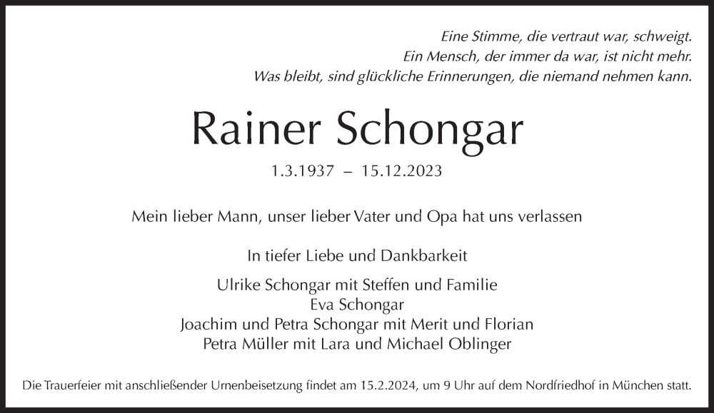  Traueranzeige für Rainer Schongar vom 03.02.2024 aus Süddeutsche Zeitung