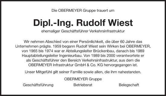 Traueranzeige von Rudolf Wiest von Süddeutsche Zeitung