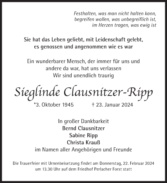 Traueranzeige von Sieglinde  Clausnitzer - Ripp von Süddeutsche Zeitung