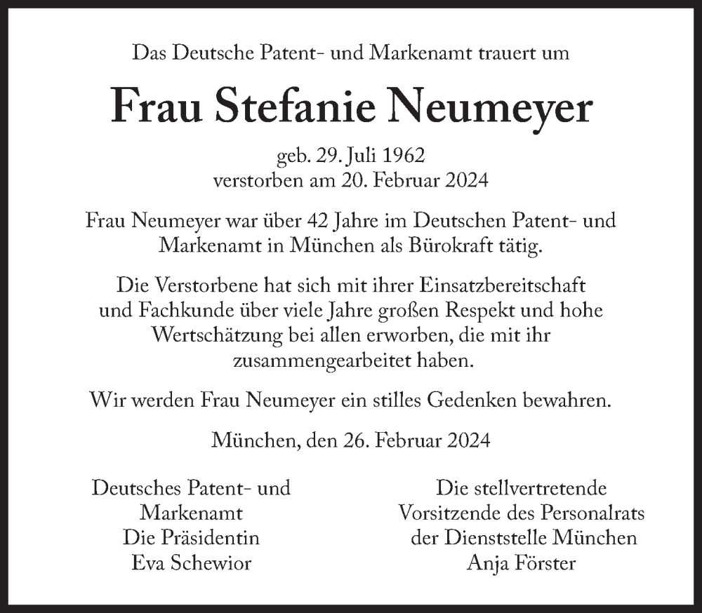  Traueranzeige für Stefanie Neumeyer vom 27.02.2024 aus Süddeutsche Zeitung