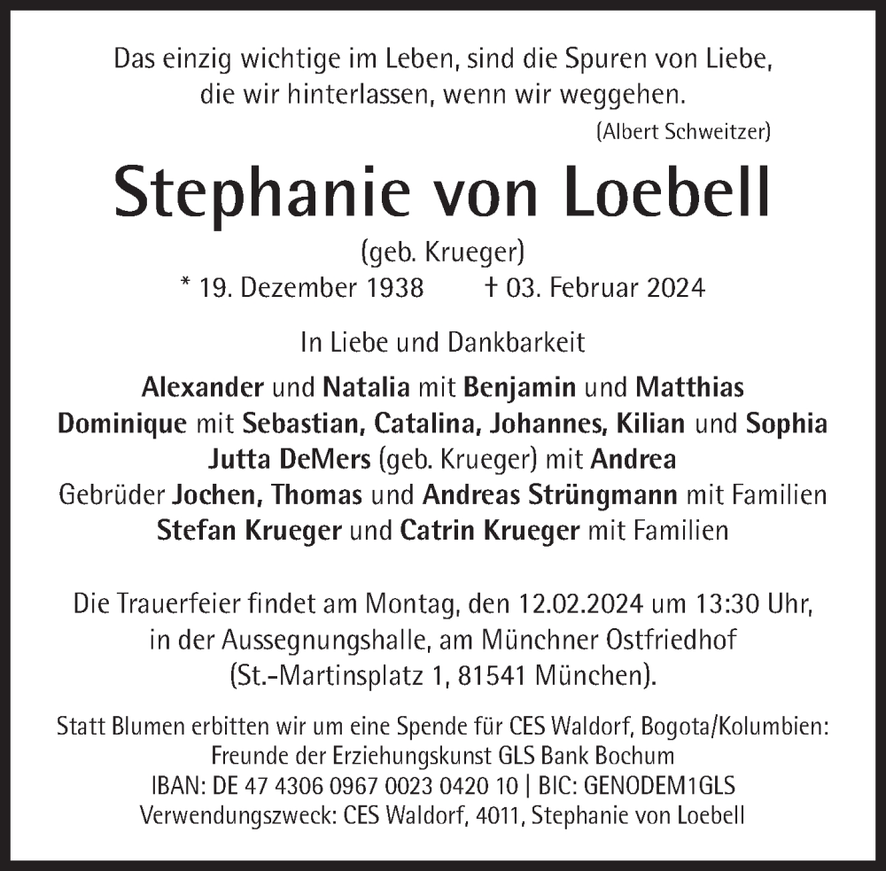  Traueranzeige für Stephanie von Loebell vom 10.02.2024 aus Süddeutsche Zeitung